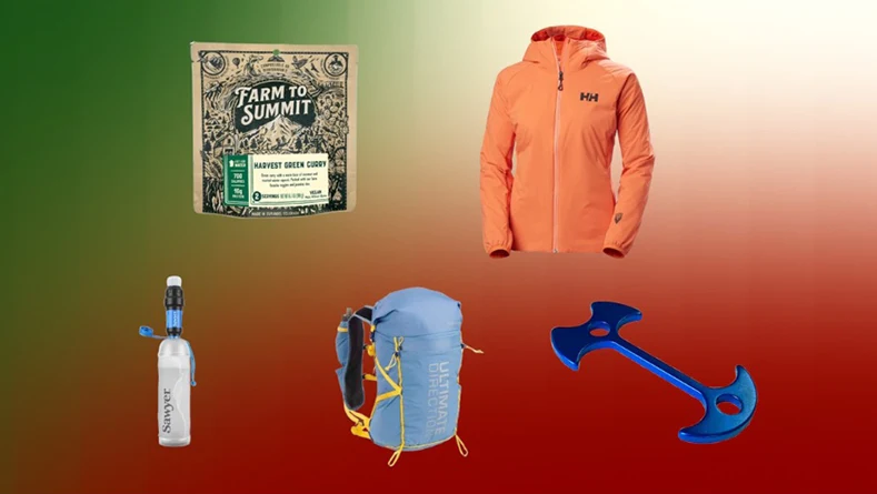 Food, a water filter, a jacket, and a backpack