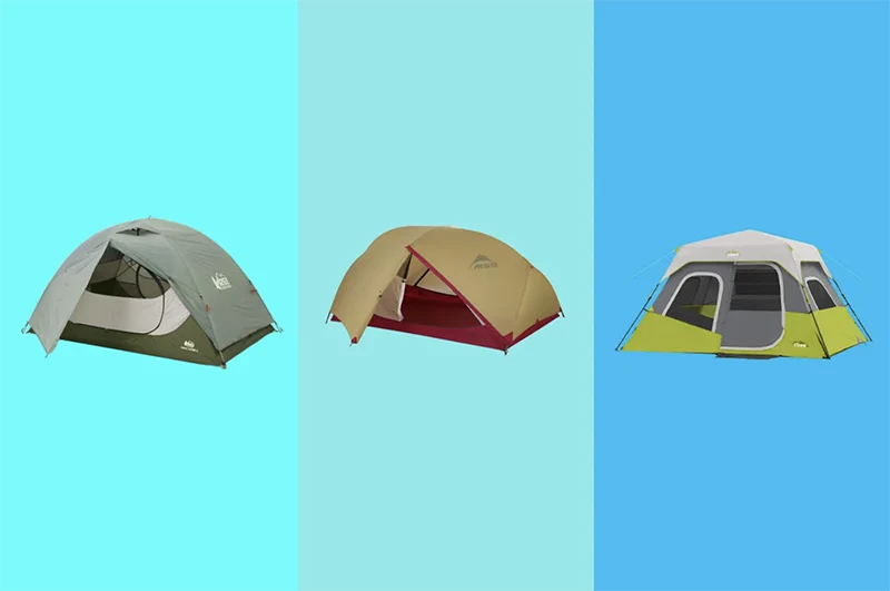 Three tents on blue backgrounds.