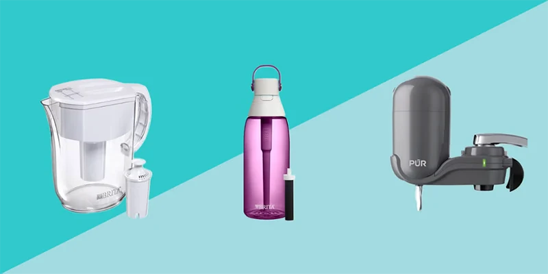Three water filters on a blue background.