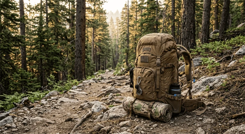 A backpack in the woods.