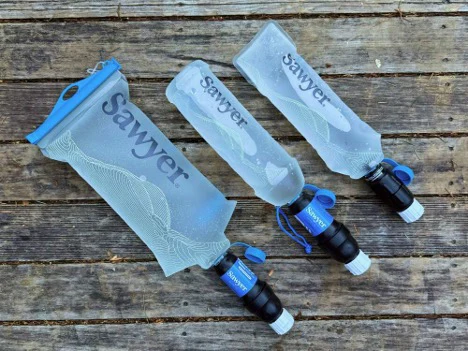 Three Sawyer Squeeze filters and Cnoc bladders.