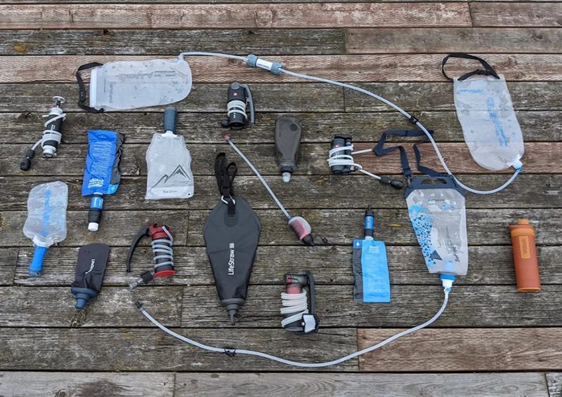 Various water filters on a table.