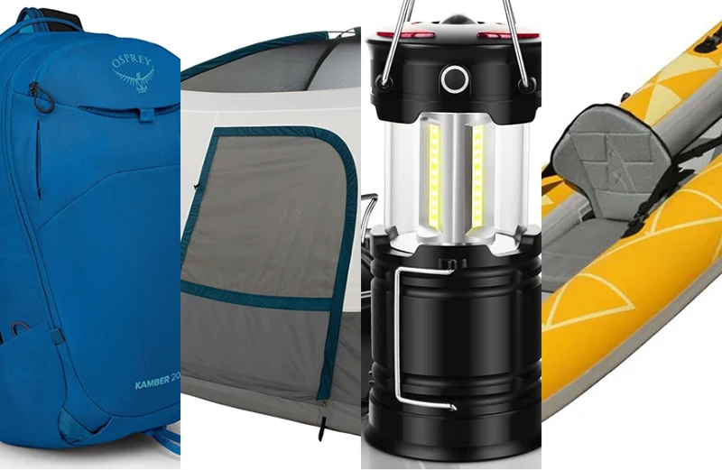 A backpack, a tent, a lantern, and a boat.