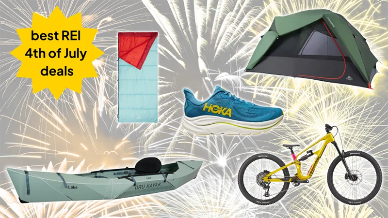 A sleeping bag, a kayak, a bike, a shoe, and a tent.