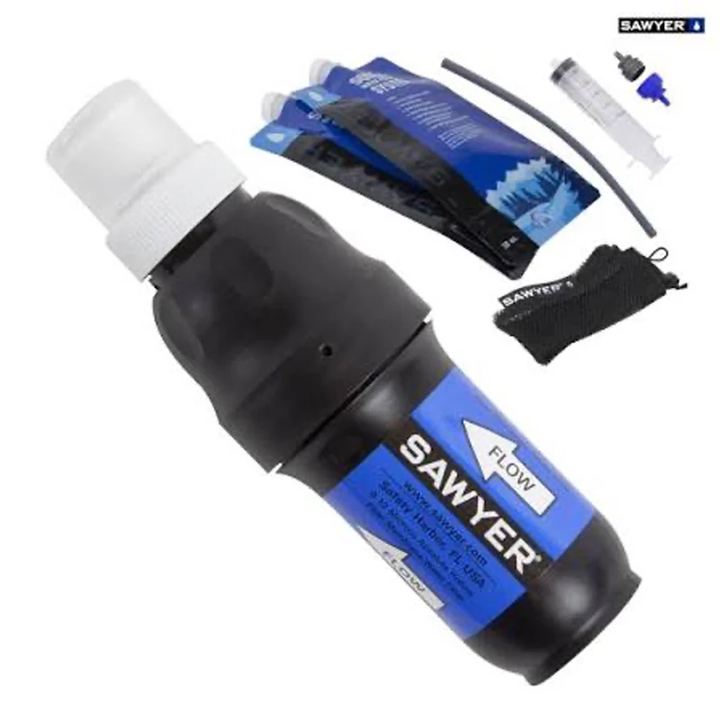A Sawyer Squeeze filter and accessories.