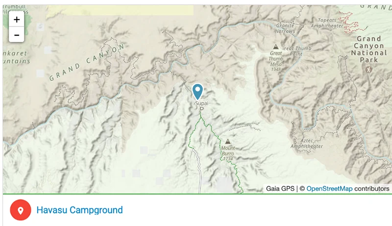 A map with a point on Havasu Campground.
