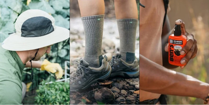 A person in a hat, socks and shoes, and a person spraying insect repellent on their arm.