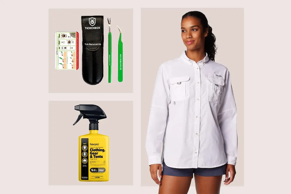 Tickcheck Premium Tick Remover Kit, Sawyer Products Permethrin, and a lady in a shirt.