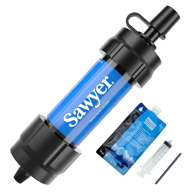 Sawyer water filter system including a blue cylindrical filter, a blue squeeze pouch, a clear plastic syringe, and a black cleaning rod.