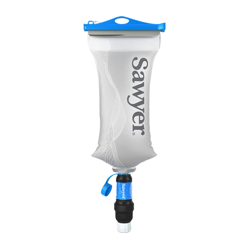 Sawyer water filtration system with a clear, flexible pouch and attached blue and black filter for portable water purification.