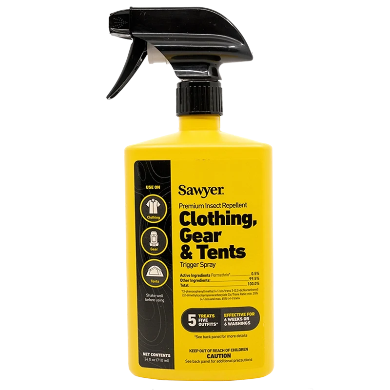 Yellow bottle of Sawyer Premium Insect Repellent Trigger Spray for clothing, gear, and tents with black spray nozzle and usage instructions.