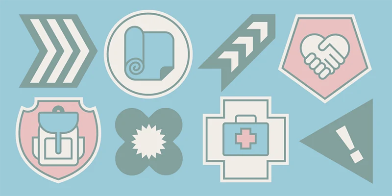 Set of eight pastel-colored icons on a light blue background featuring arrows, a scroll, a handshake inside a pentagon, a backpack inside a shield, a starburst shape, a medical kit with a cross, and an exclamation mark inside a triangle.