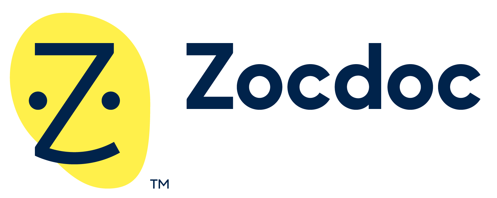 Zocdoc logo with a stylized smiling face in yellow and navy blue text.