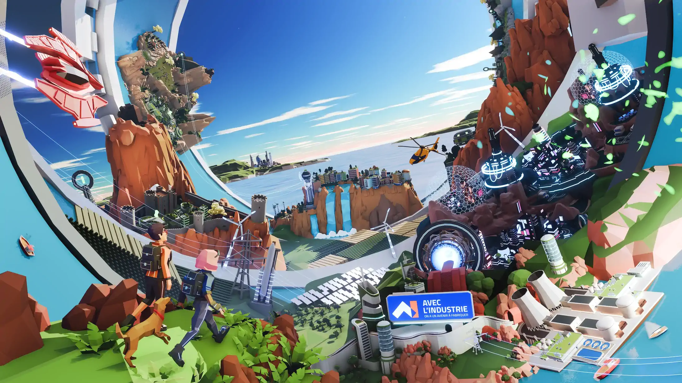 Visuel de l'édition 2025 : deux personnages partent à l'aventure dans l'univers 3D de Forindustrie, à la poursuite du Docteur Déboulon !