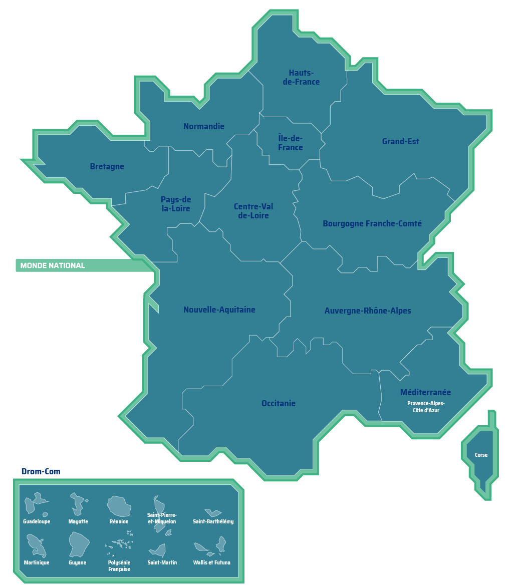 Map of French regions and overseas territories labeled for energy transition accessibility.