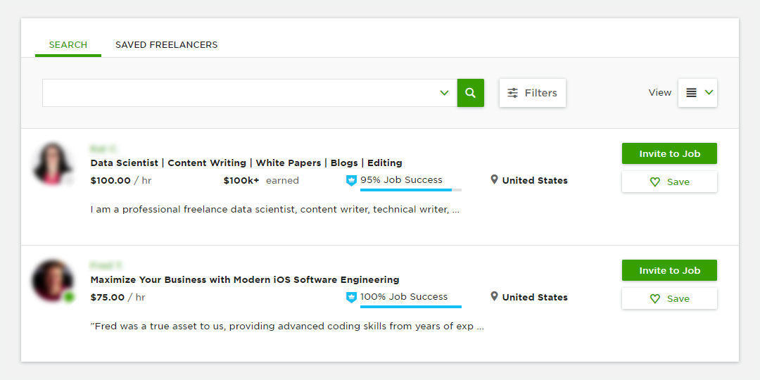 Upwork - writer search screen