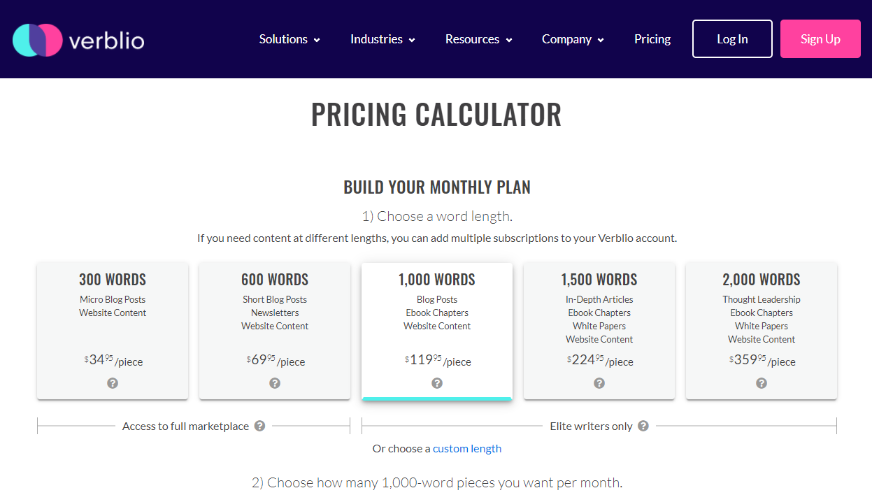 Verblio content writing service pricing plans