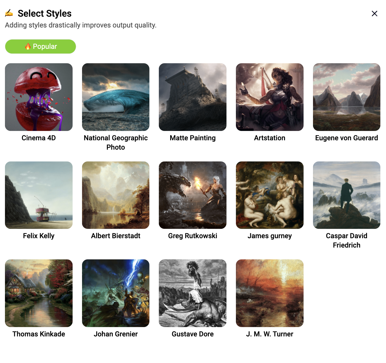 Selection of ai art styles on starryai app
