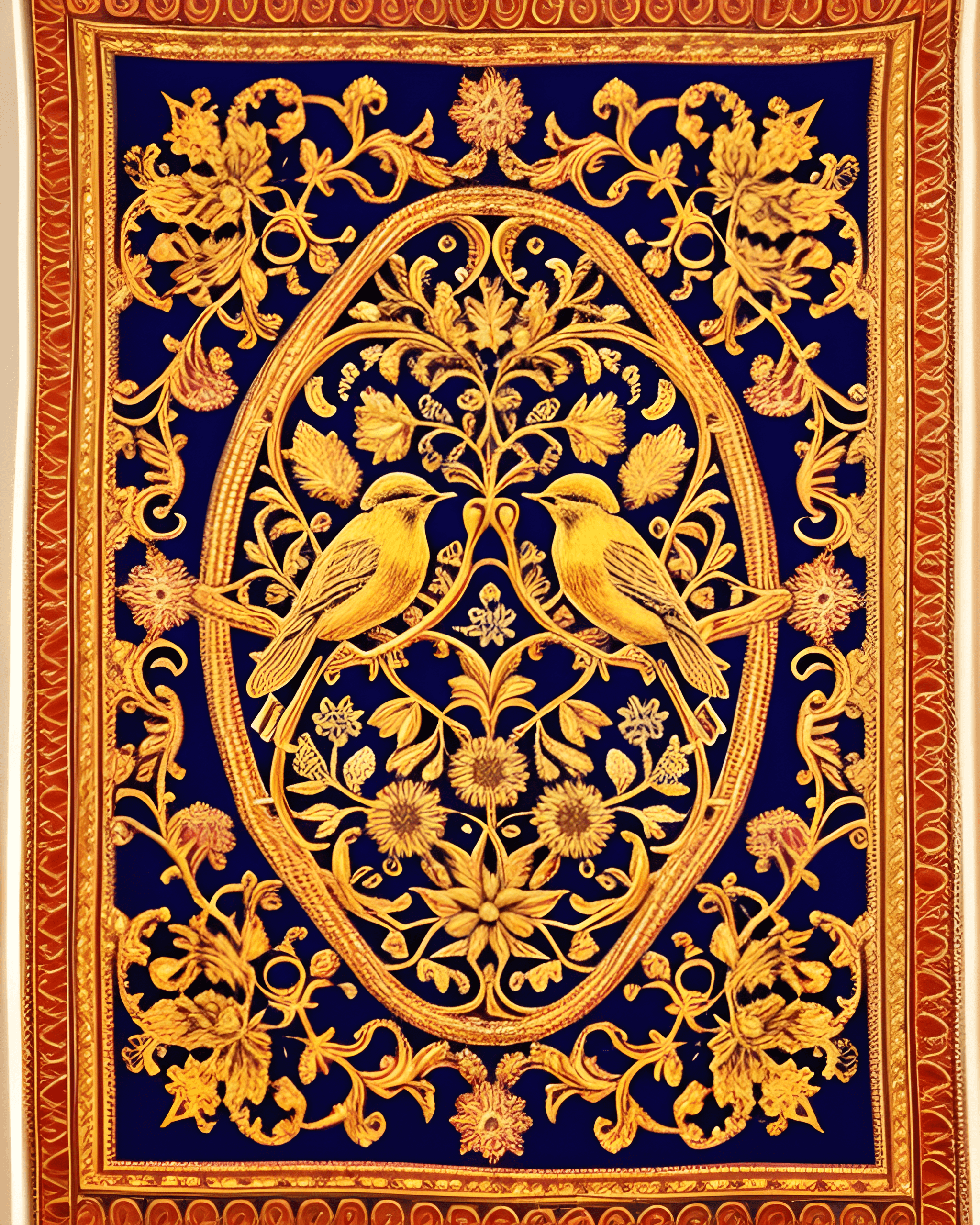 Tapestry design incorporating two birds generated via AI art generator app starryai