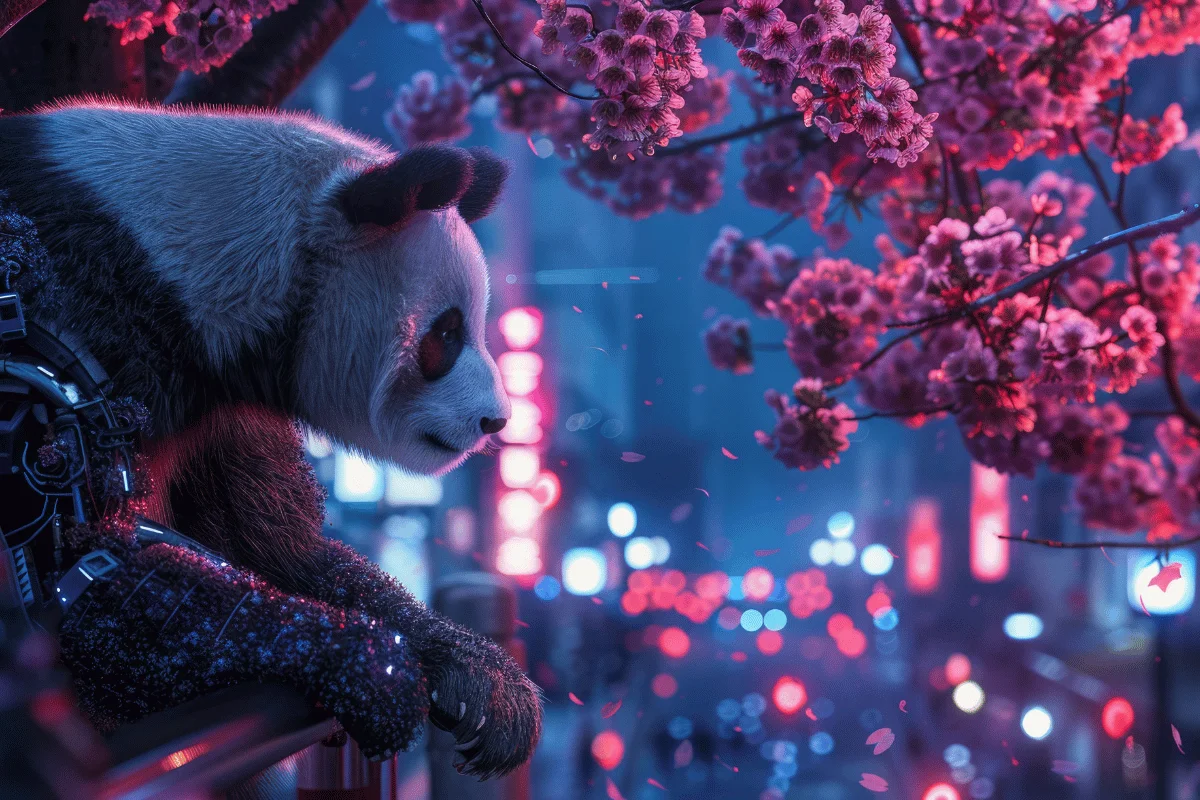 A cyberpunk panda gazing over a futuristic neon-lit cityscape with blooming cherry blossoms.