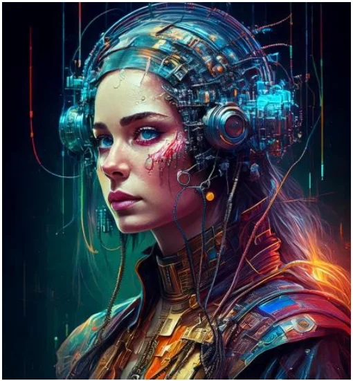 Cybernetic suit with intricate wires and glowing elements on a dark background.