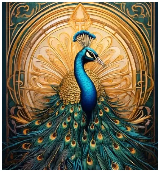Illustration of a peacock with vibrant feathers against an ornate golden backdrop.