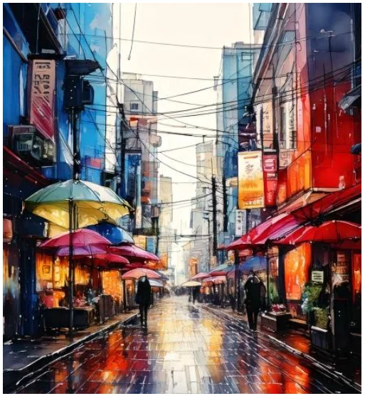 Colorful umbrellas line a rainy city street with vibrant signs and blurred figures walking.