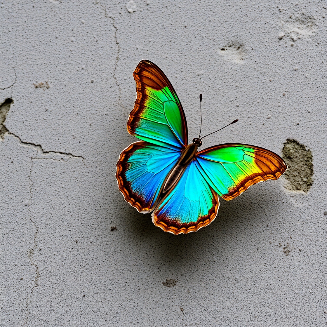 A vibrant blue and green butterfly with brown edges resting against a textured gray wall.