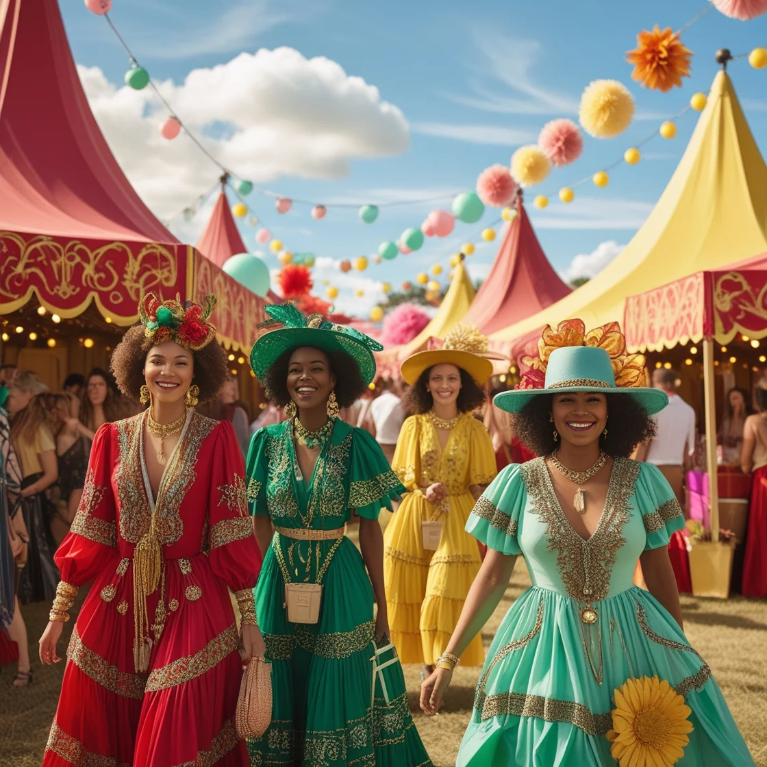 Fashionable women in flowing dresses and ornate hats enjoying a lively outdoor event with bright decorations and traditional elements.