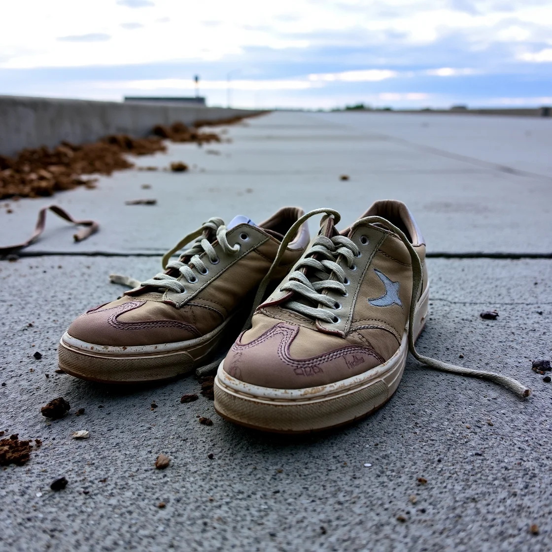 A pair of worn beige sneakers lies abandoned on a concrete surface, with dirt scattered nearby and a cloudy sky in the background.