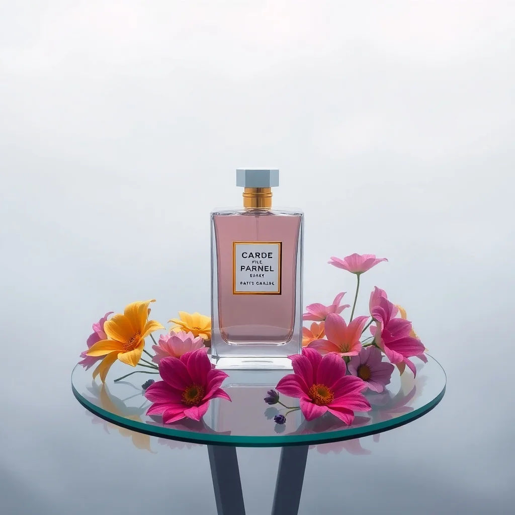 A pink perfume bottle surrounded by colorful flowers on a glass table against a soft, light background.