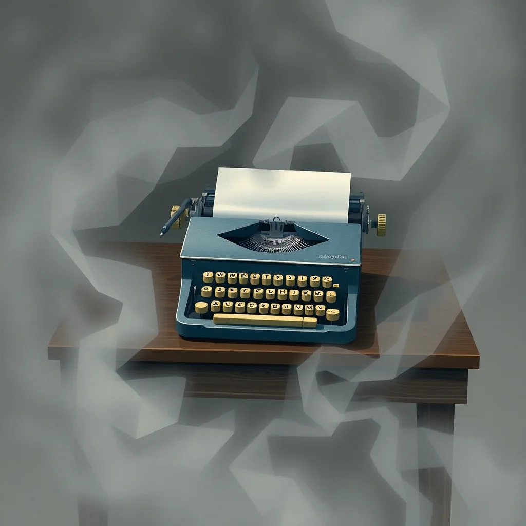 A vintage blue typewriter on a wooden table, featuring a blank sheet of paper, surrounded by a soft gray mist.