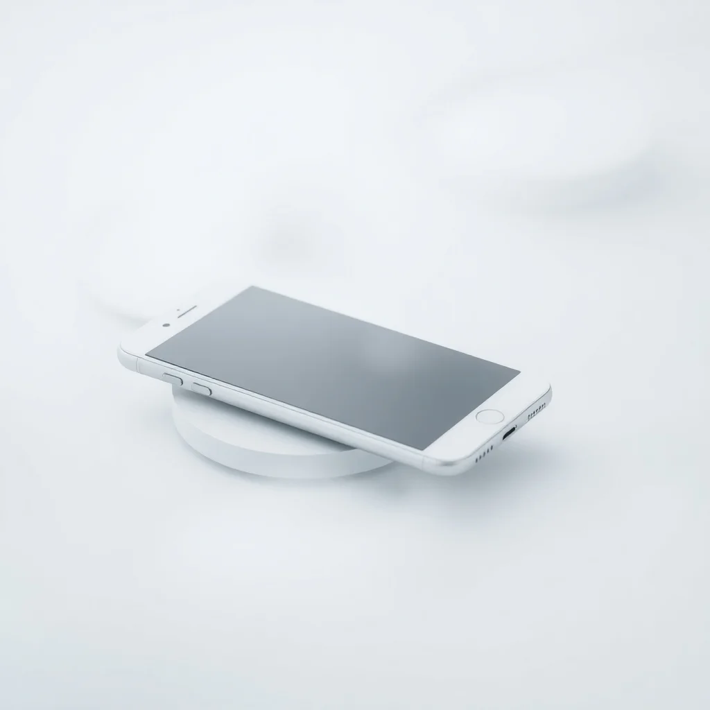 A white smartphone resting on a sleek wireless charging pad against a minimalist white background.