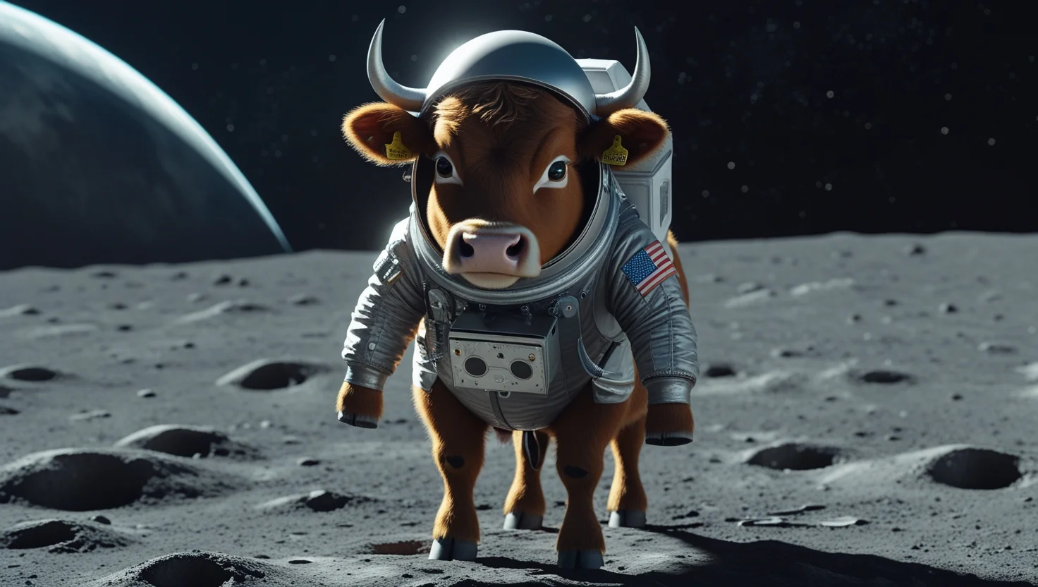 A cow wearing a detailed astronaut suit stands on the moon with Earth in the background, blending space exploration with surrealism.