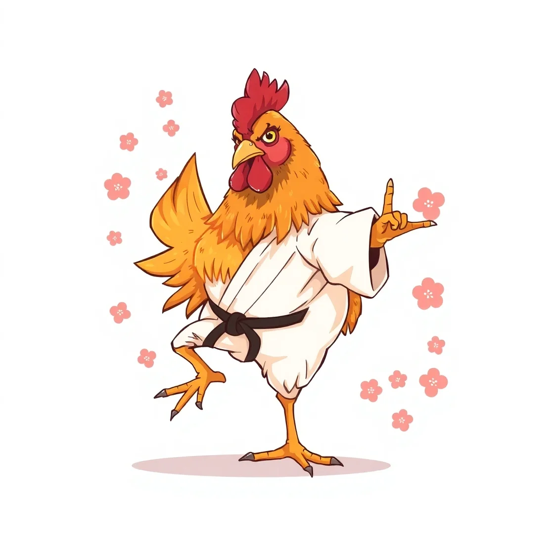 A cartoon chicken dressed in a martial arts gi poses confidently with a peace sign, surrounded by pink cherry blossom petals.