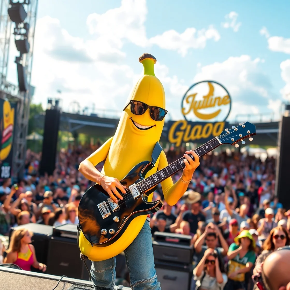 A person in a banana costume plays electric guitar on stage, captivating a lively crowd at a music festival under a bright sky.