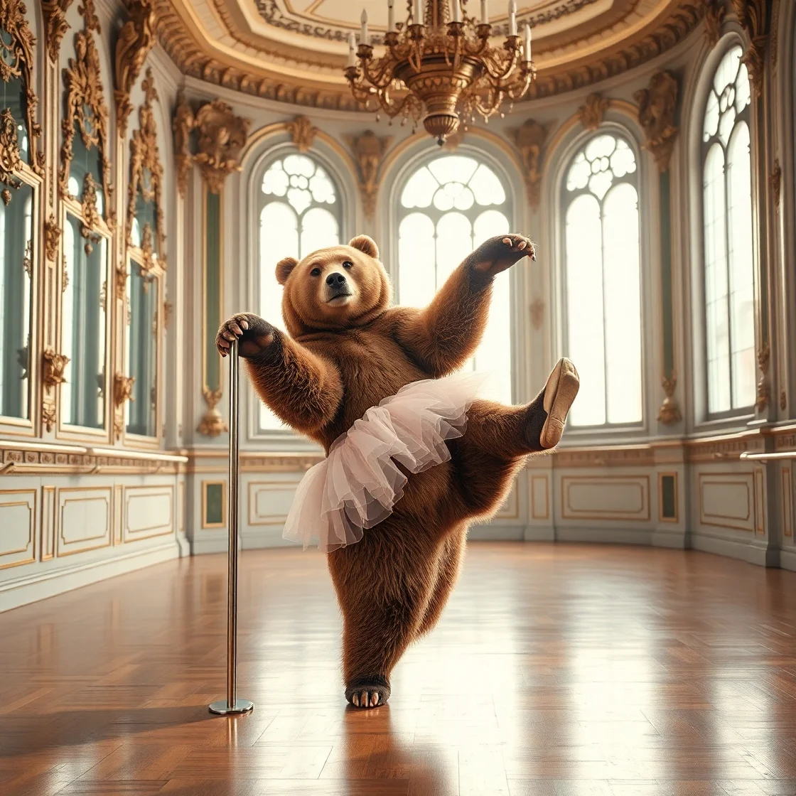 A brown bear in a pink tutu and ballet shoes gracefully balances on one leg in a grand ballroom with elegant gold decor.