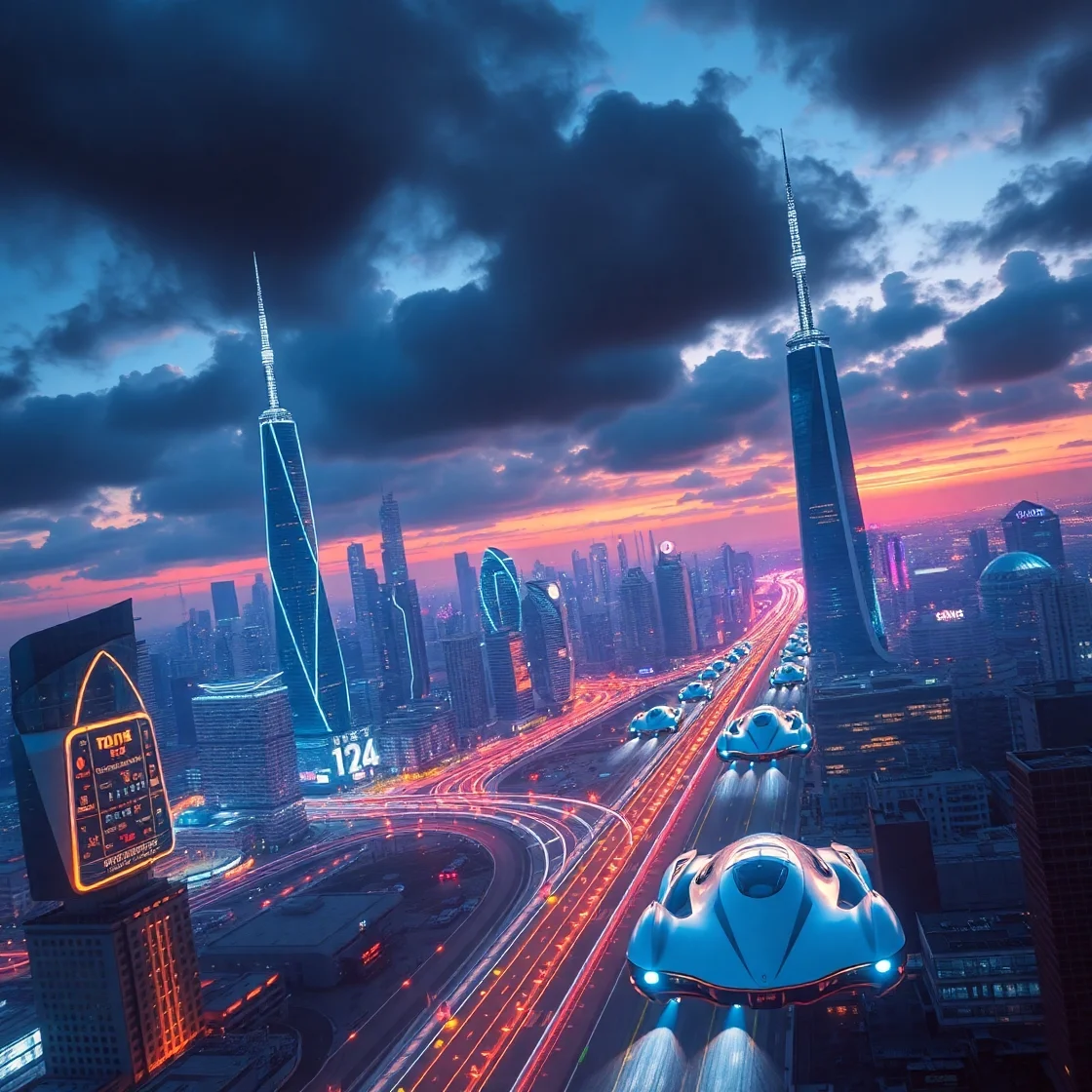Futuristic city skyline at sunset with flying cars and illuminated skyscrapers, creating a vibrant, dynamic urban scene.