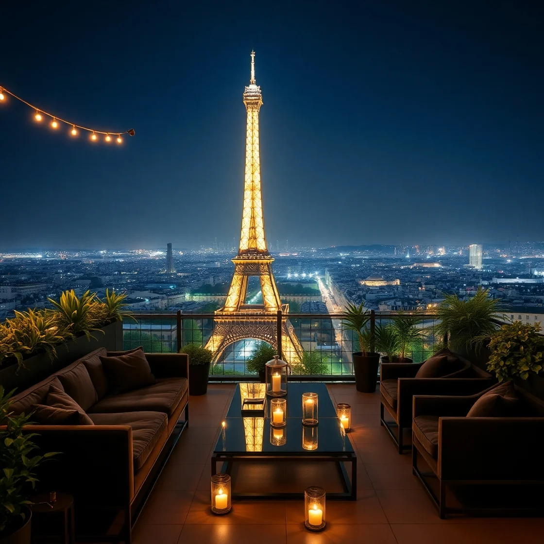 A rooftop terrace with cozy seating, illuminated candles, and a spectacular night view of the Eiffel Tower sparkling in Paris.