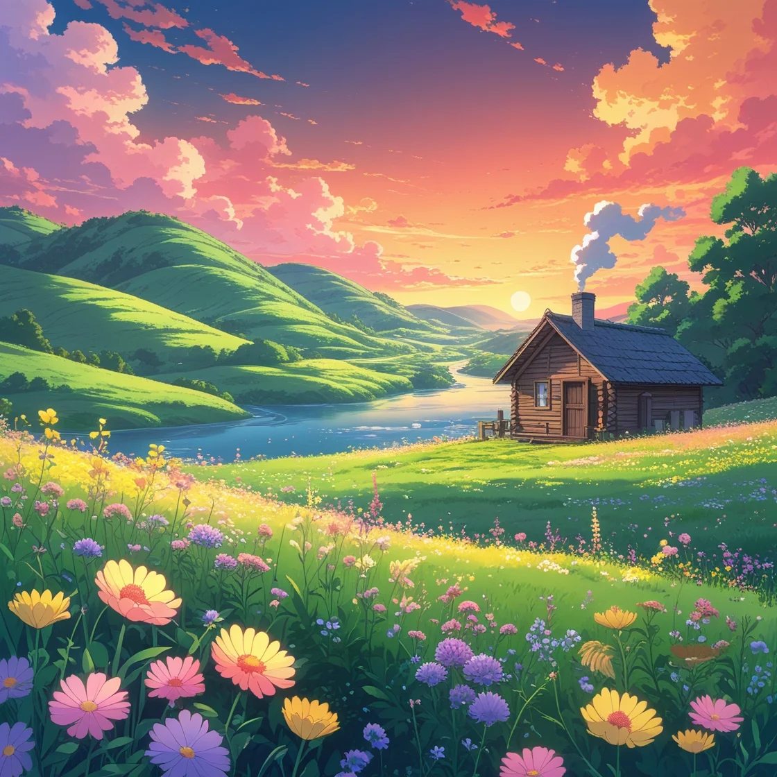 A cozy wooden cottage by a serene river, surrounded by vibrant wildflowers and rolling green hills at sunset.