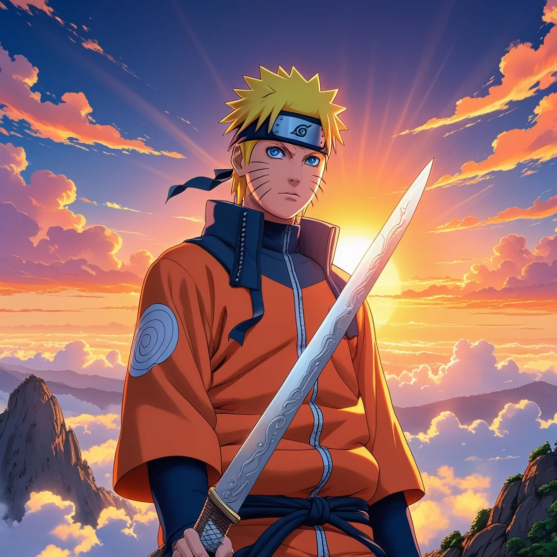 A ninja in an orange outfit holds a sword, standing against a vibrant sunset with clouds and mountain silhouettes in the background.