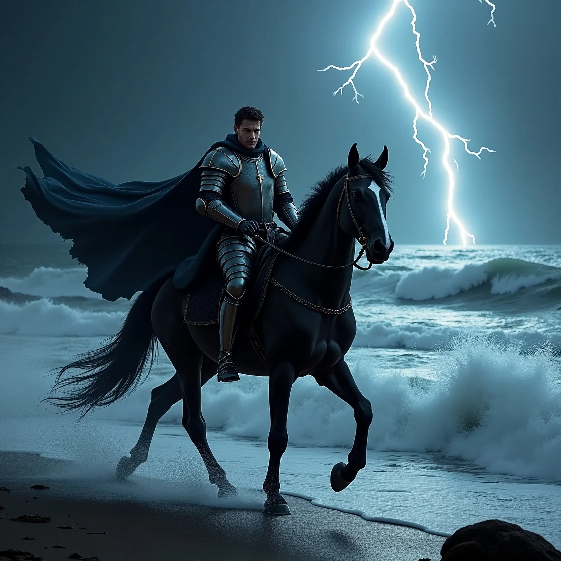 A knight in shining armor rides a powerful black horse along a stormy beach, illuminated by a dramatic lightning strike.