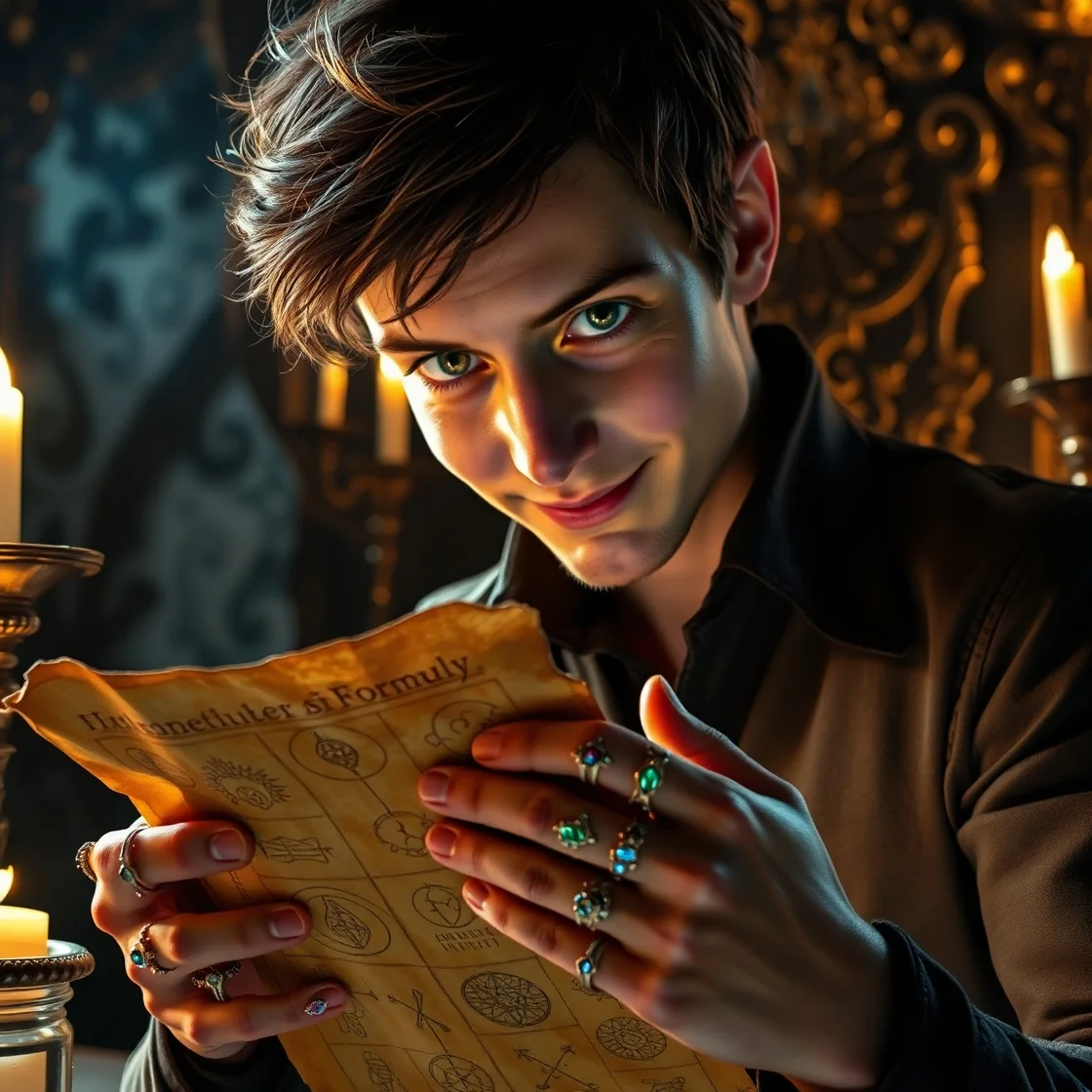 A person holds an ancient-looking parchment filled with alchemical symbols, surrounded by flickering candlelight in a dark, ornate setting.