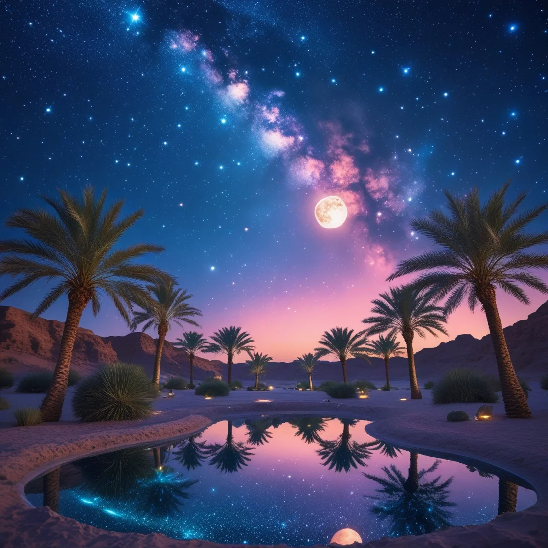 A serene desert scene featuring palm trees, a tranquil pond, and a vibrant night sky filled with stars and a bright full moon.
