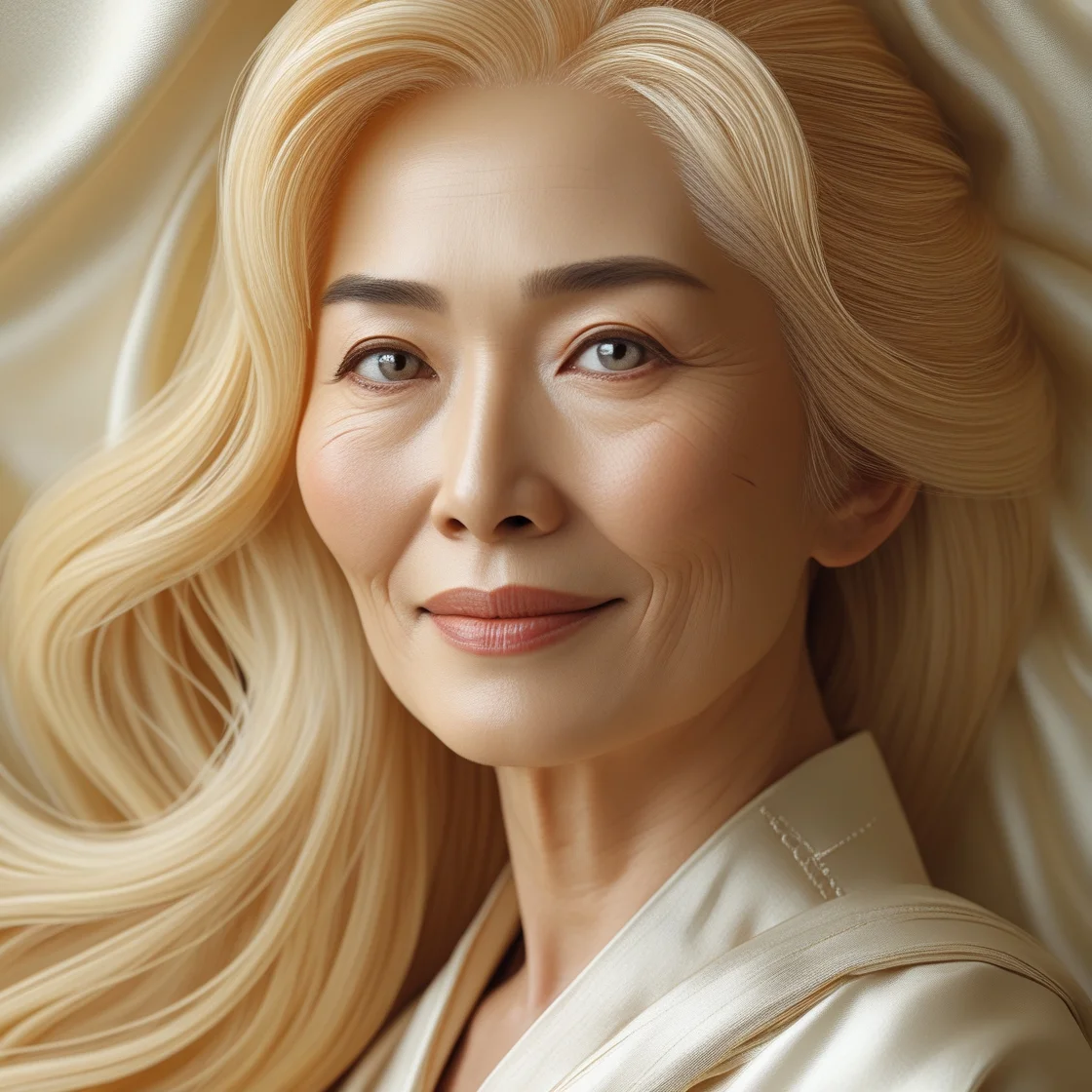 A close-up of a person with long, wavy blonde hair, dressed in a luxurious satin robe, lying on a soft, silky surface.