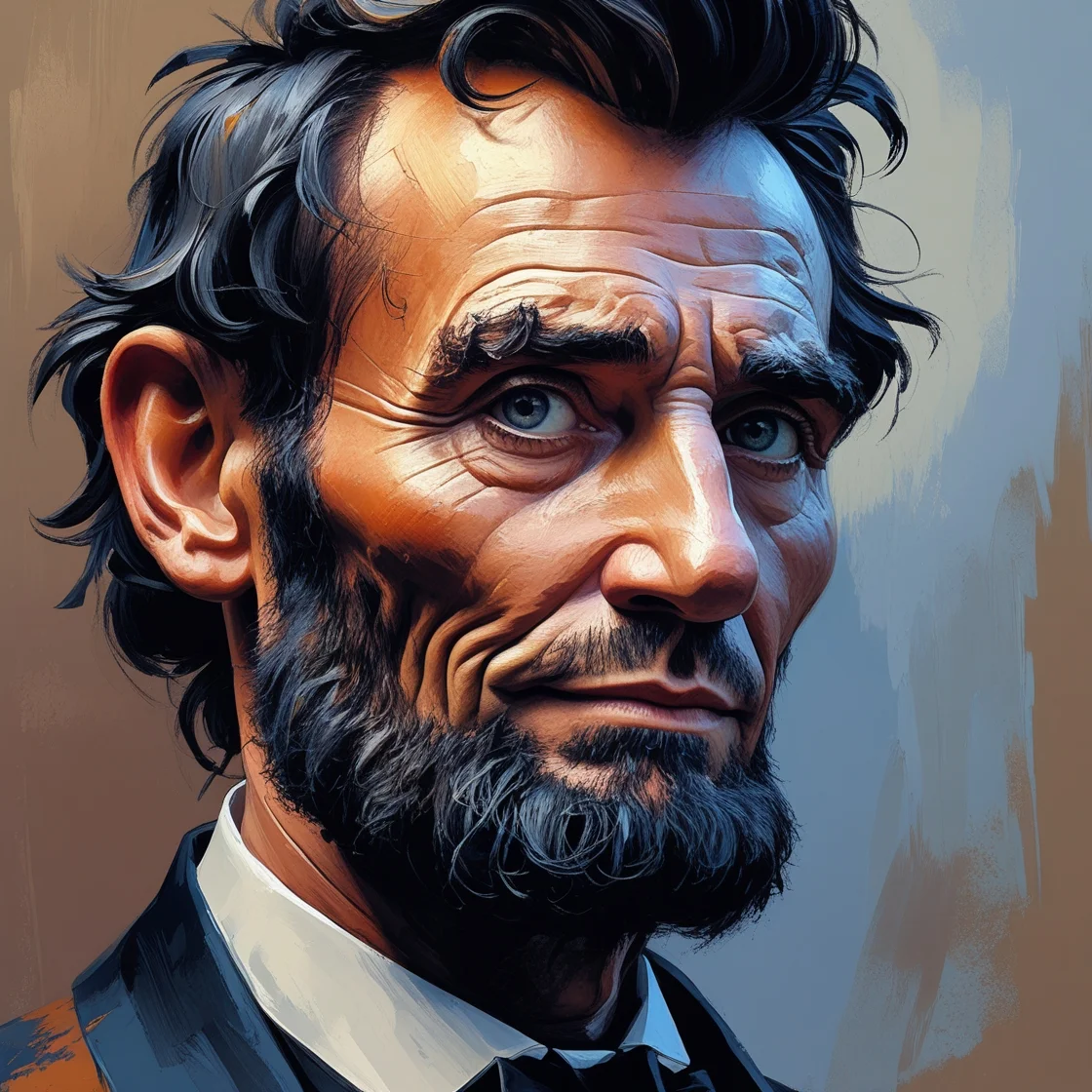 A portrait of a man with curly black hair, wearing a formal suit with a white collar, set against a textured background.