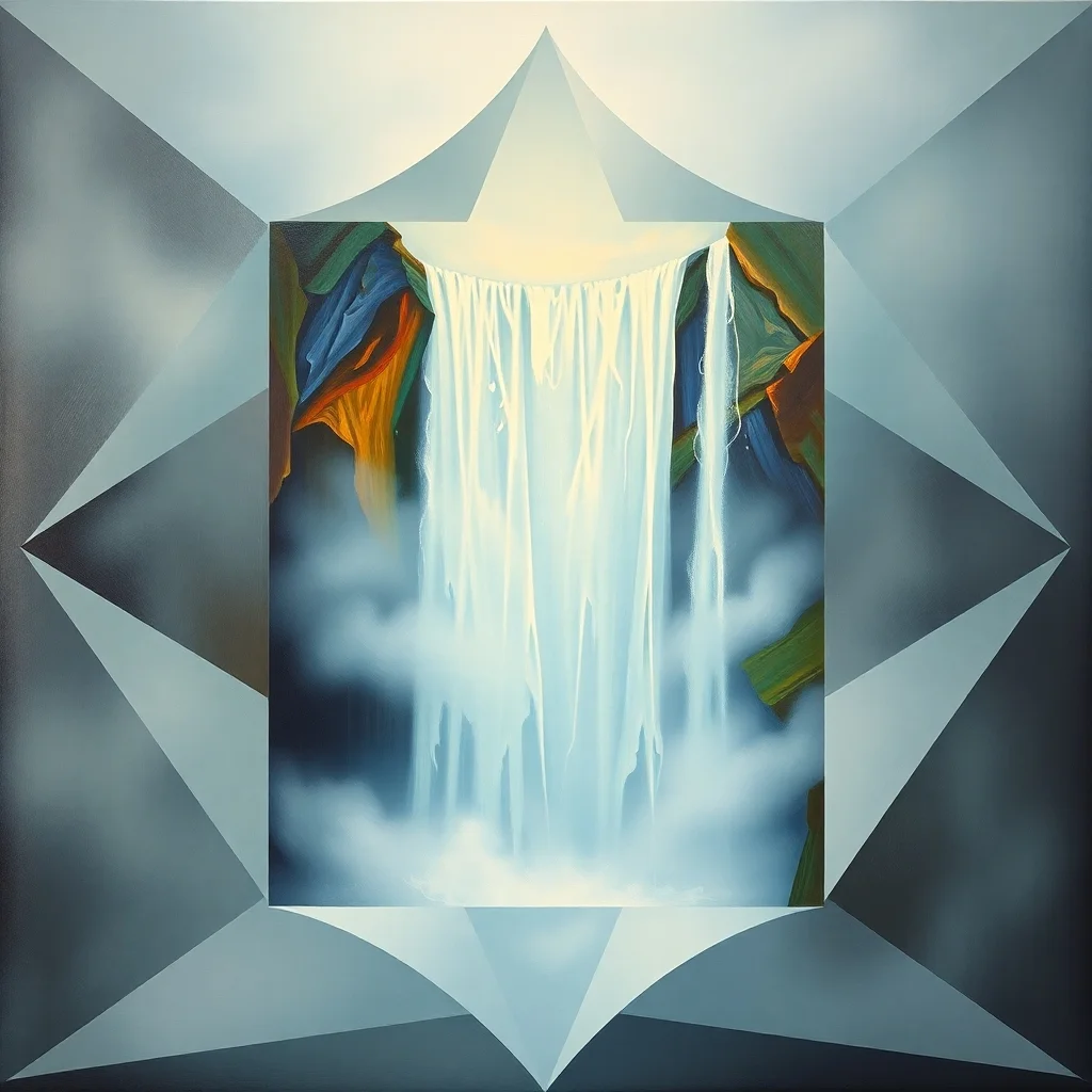 A surreal waterfall cascades from a colorful rocky frame, surrounded by mist and geometric shapes, creating an ethereal atmosphere.
