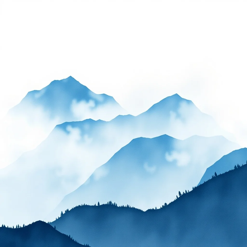 Blue-toned mountain landscape with misty clouds softly enveloping the peaks and valleys, creating a serene and tranquil atmosphere.