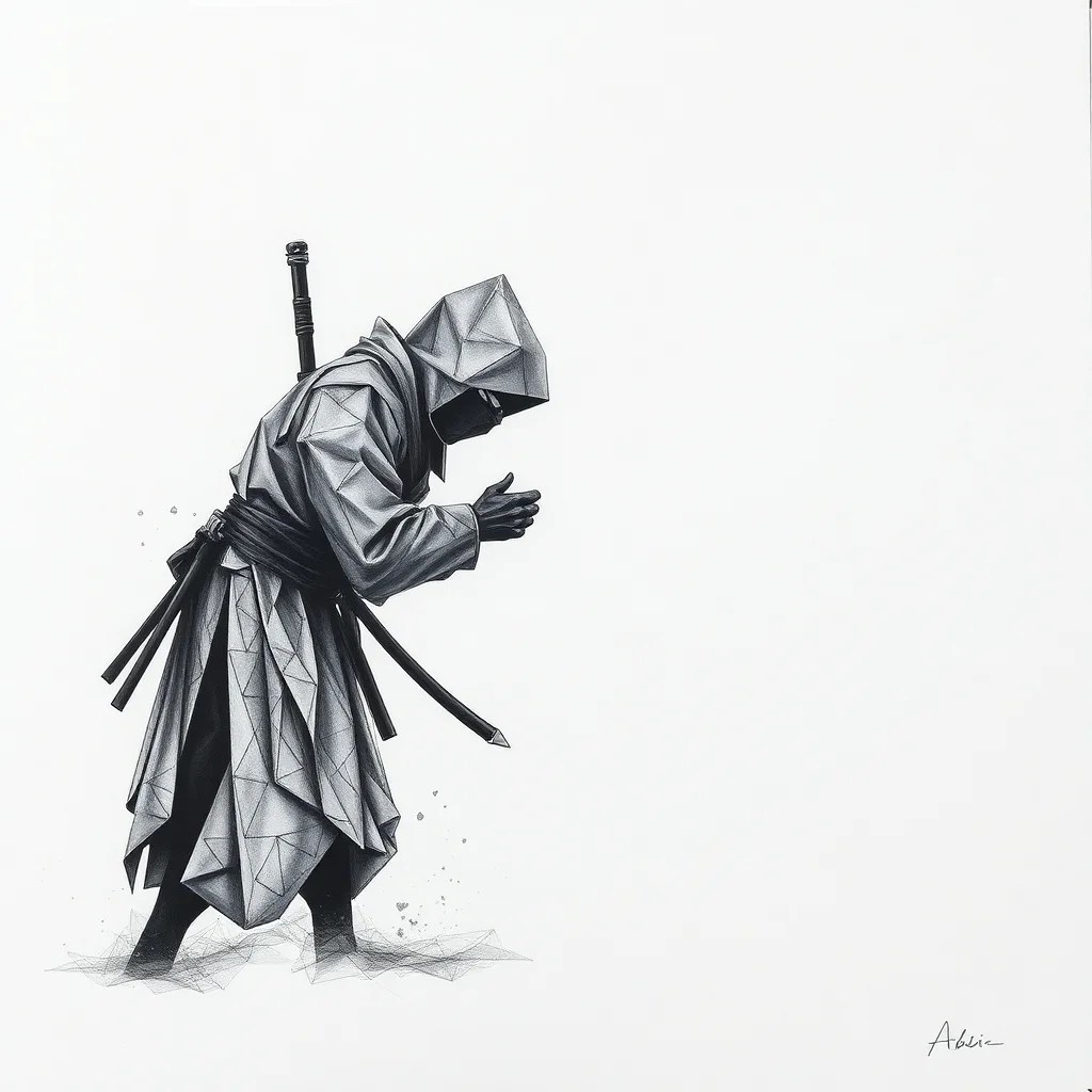 A geometric ninja in a hooded cloak bows gracefully, holding his hands together, with a sword at his side, against a blank background.