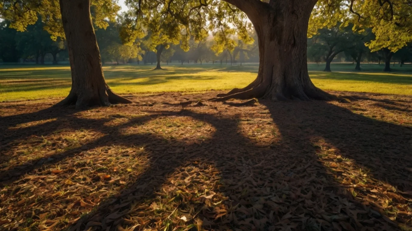 Sunlight filters through trees, casting long shadows on a carpet of fallen leaves in a serene park setting. Green grass peeks through.